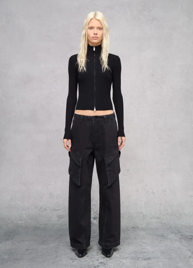 Full-zip Ribbed Knit Black, Donna, Nero miniatura 3