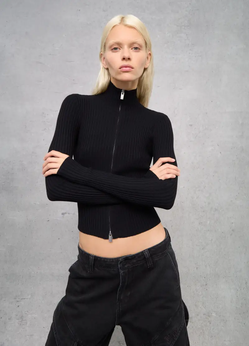 Full-zip Ribbed Knit Black, Donna, Nero