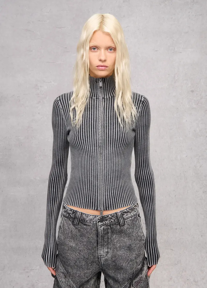 Full-zip Ribbed Knit Vintage Grey, Donna, Grigio miniatura 2