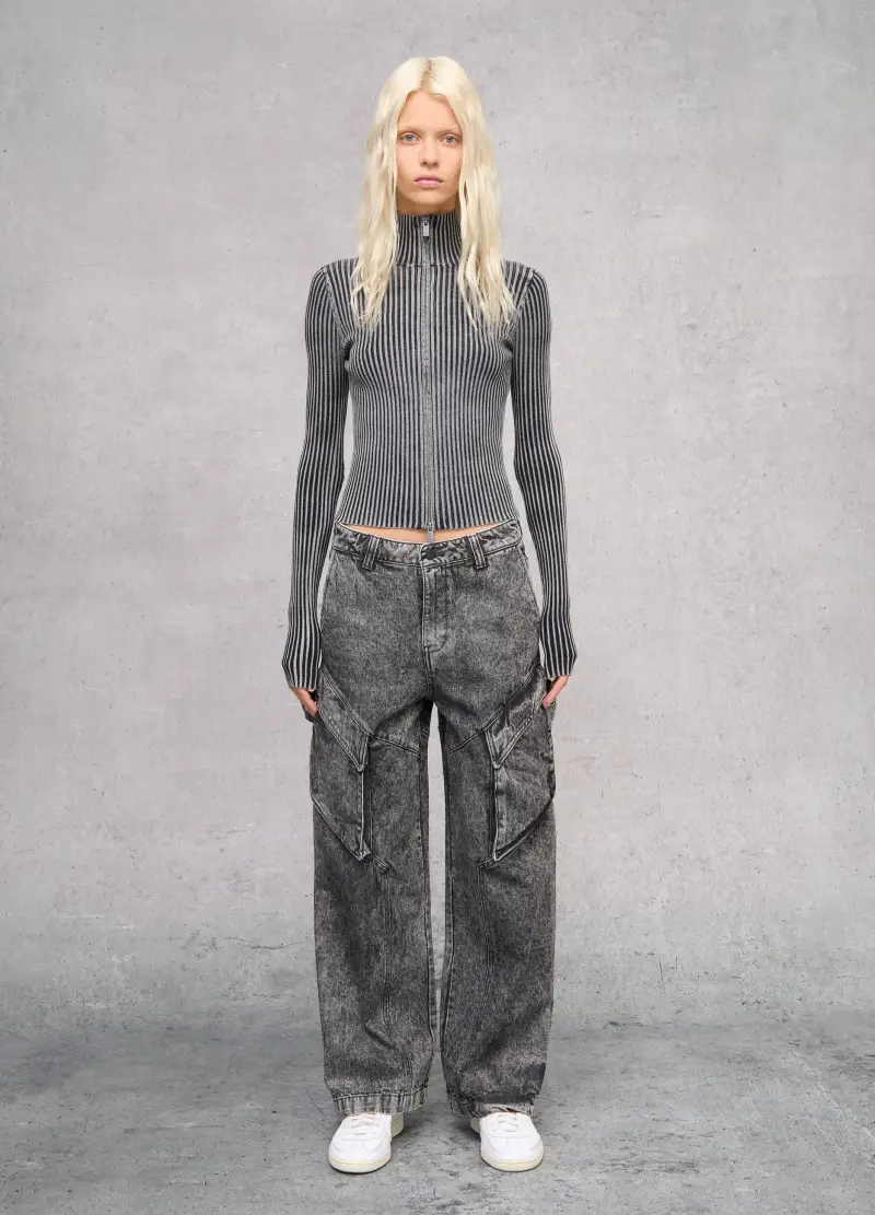 Full-zip Ribbed Knit Vintage Grey, Donna, Grigio miniatura 3