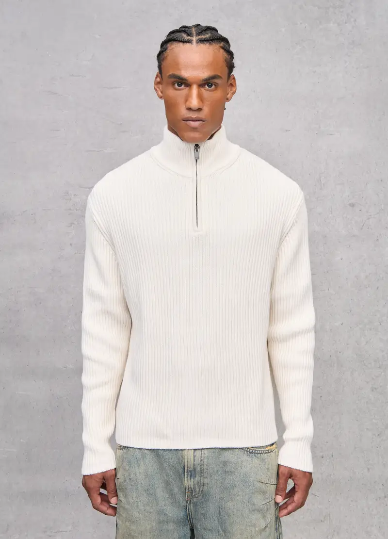 Half-zip Ribbed Knit White, Uomo, Bianco miniatura 2