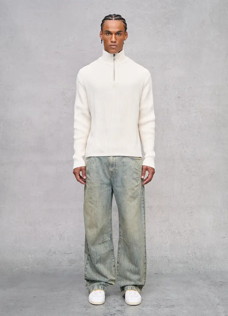 Half-zip Ribbed Knit White, Uomo, Bianco miniatura 3