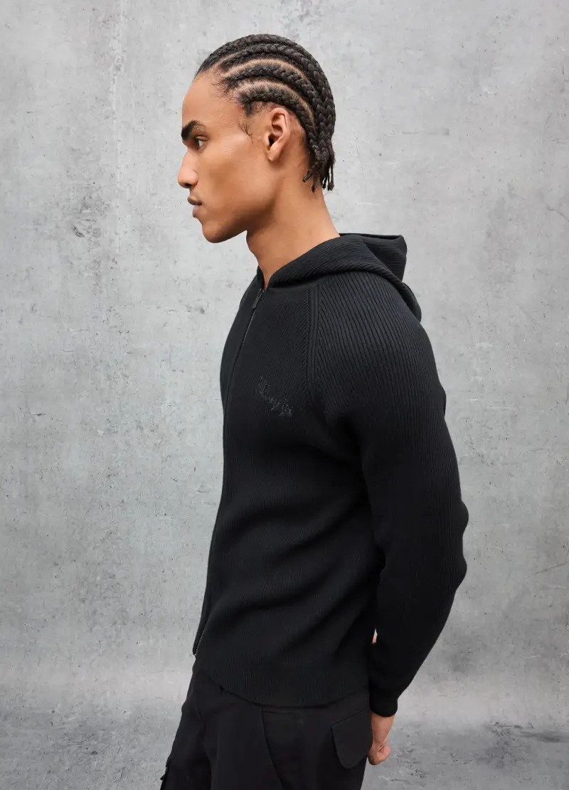 Knit Ribbed Hoodie Black, Uomo, Nero miniatura 3