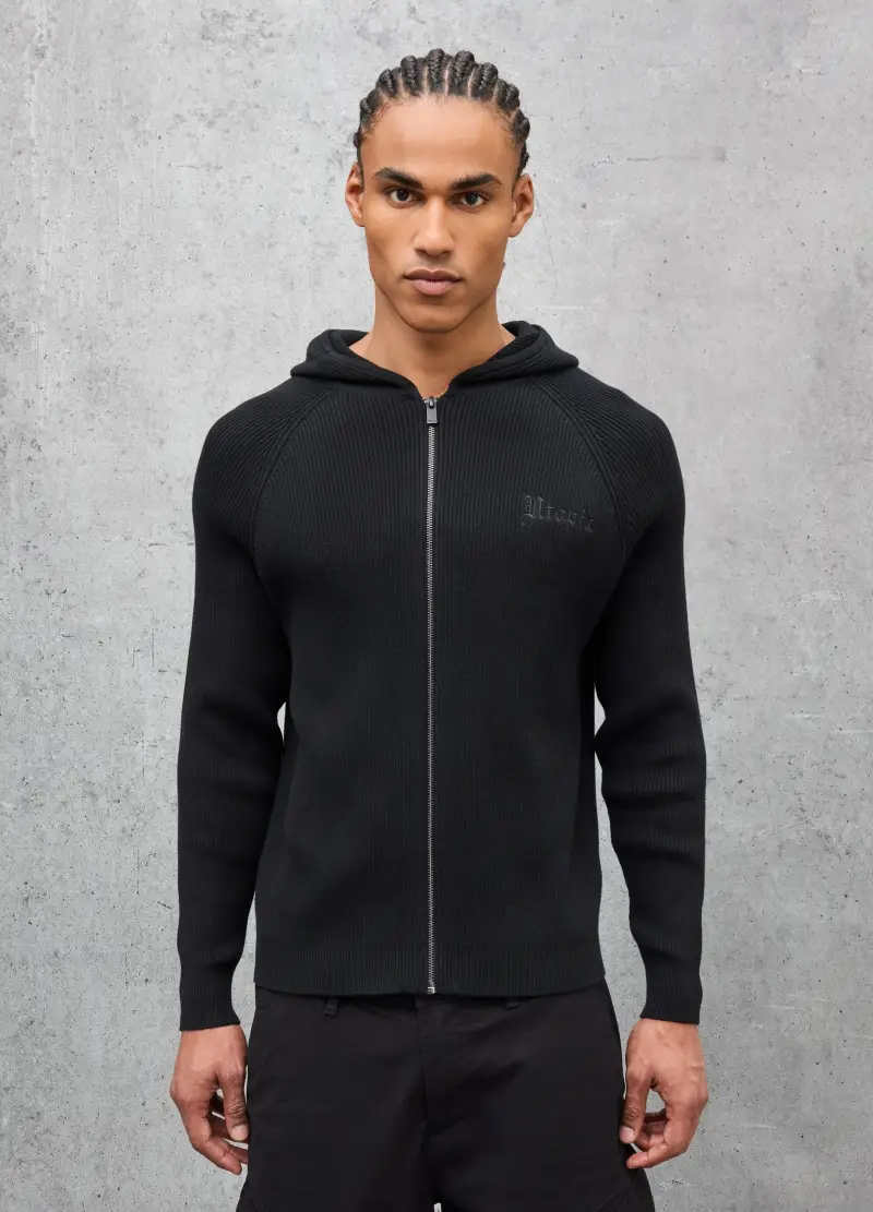 Knit Ribbed Hoodie Black, Uomo, Nero