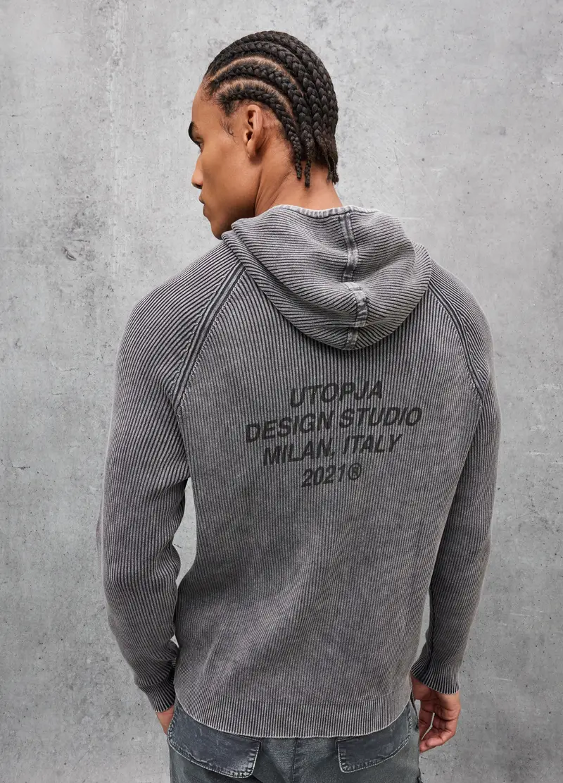 Knit Ribbed Hoodie Washed Grey, Uomo, Grigio miniatura 2