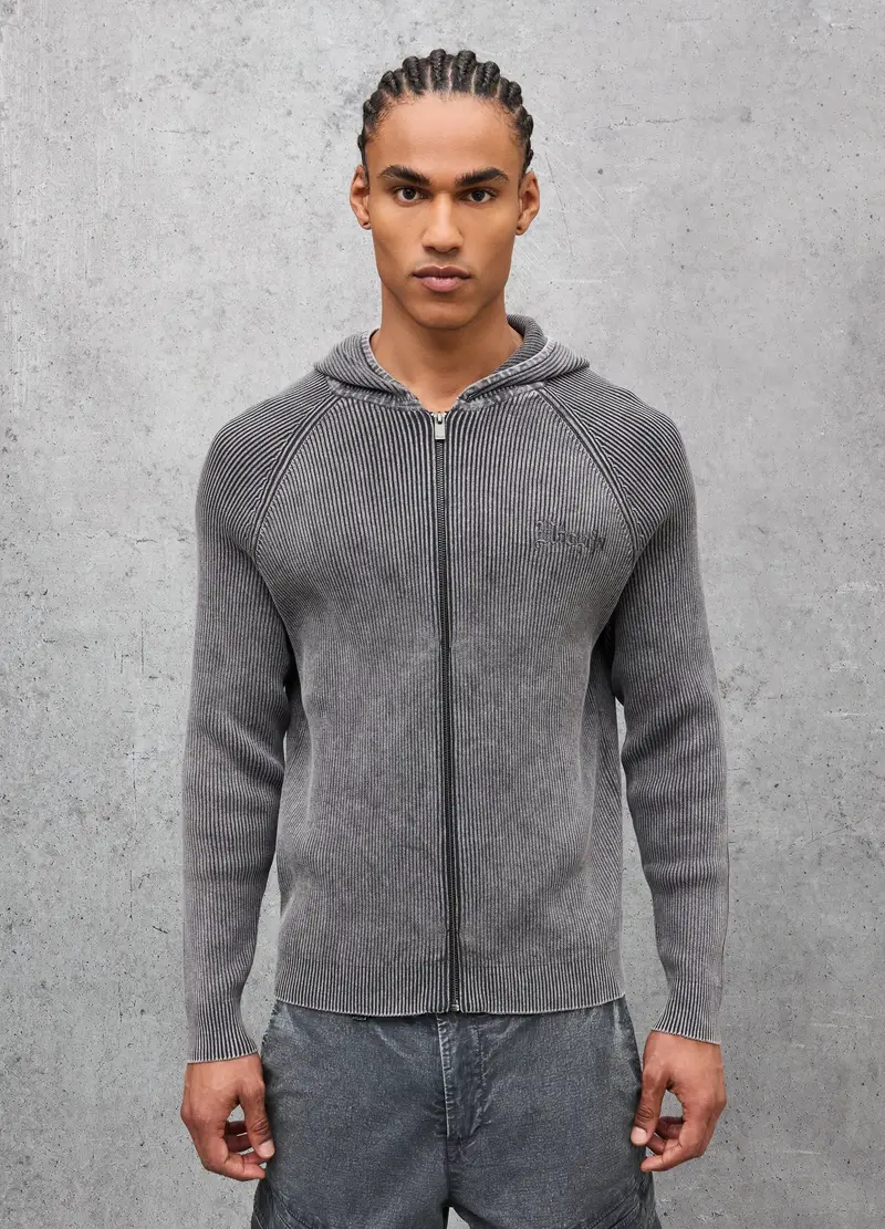 Knit Ribbed Hoodie Washed Grey, Uomo, Grigio