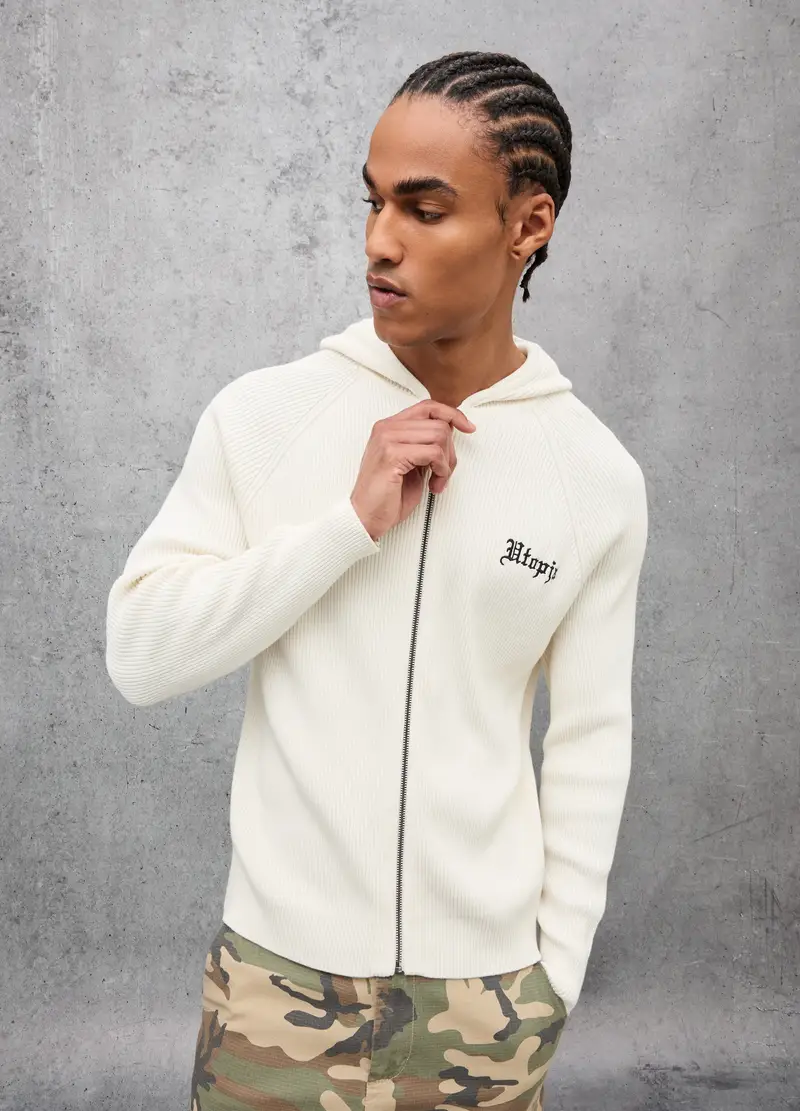 Knit Ribbed Hoodie White, Uomo, Bianco miniatura 3
