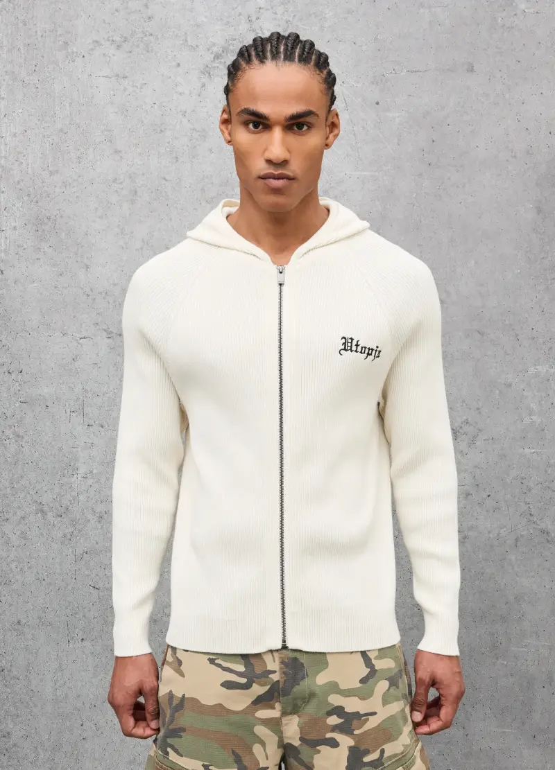 Knit Ribbed Hoodie White, Uomo, Bianco