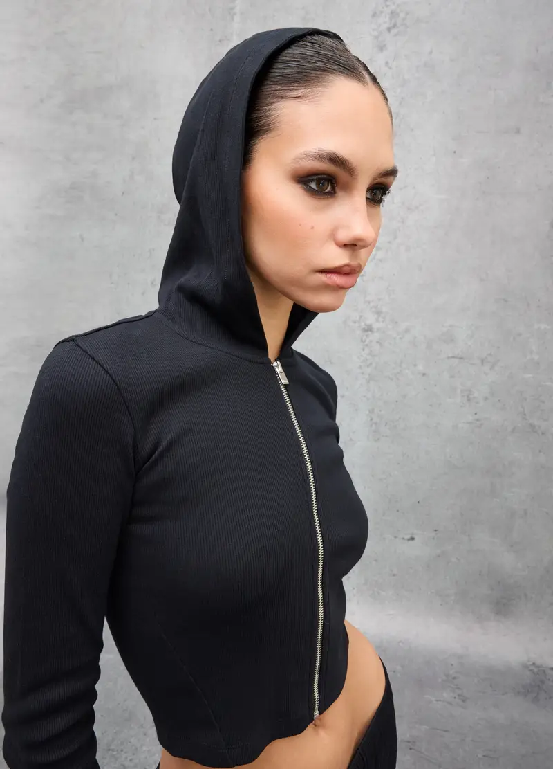 Ribbed Hoodie Black, Donna, Nero miniatura 3