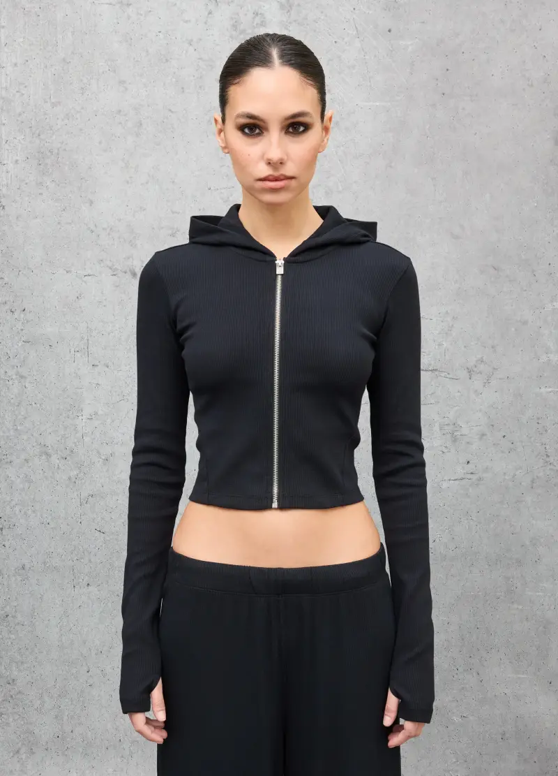 Ribbed Hoodie Black, Donna, Nero