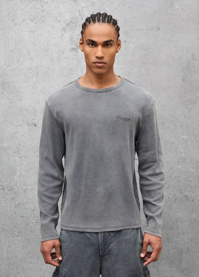 Ribbed Longsleeve T-shirt Washed Grey, Uomo, Grigio