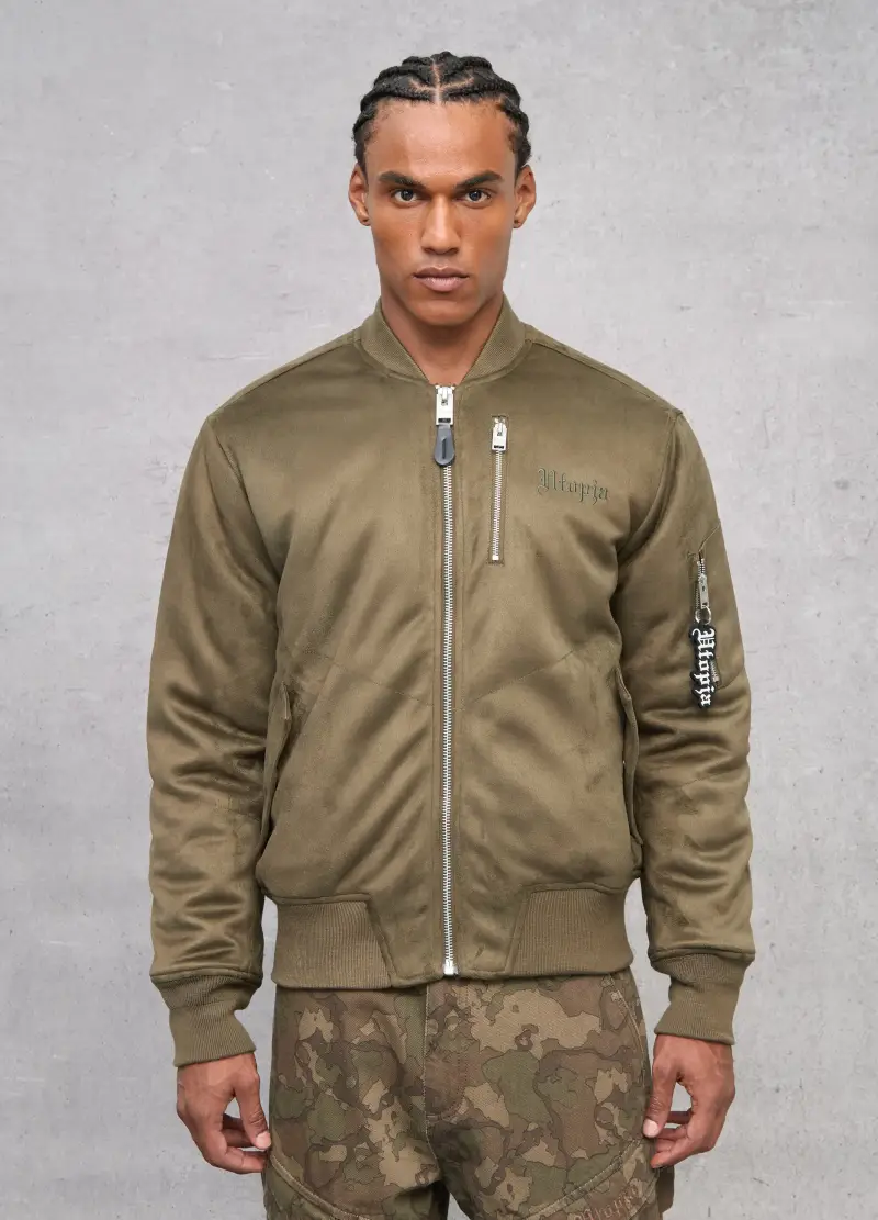 Suede Bomber Jacket Military Green, Uomo, Verde