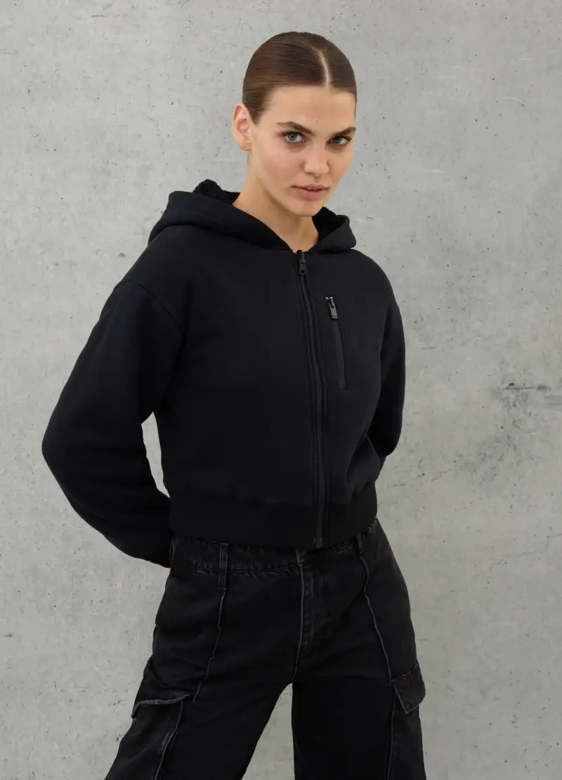 Teddy Zip Hoodie Black, Donna, Nero