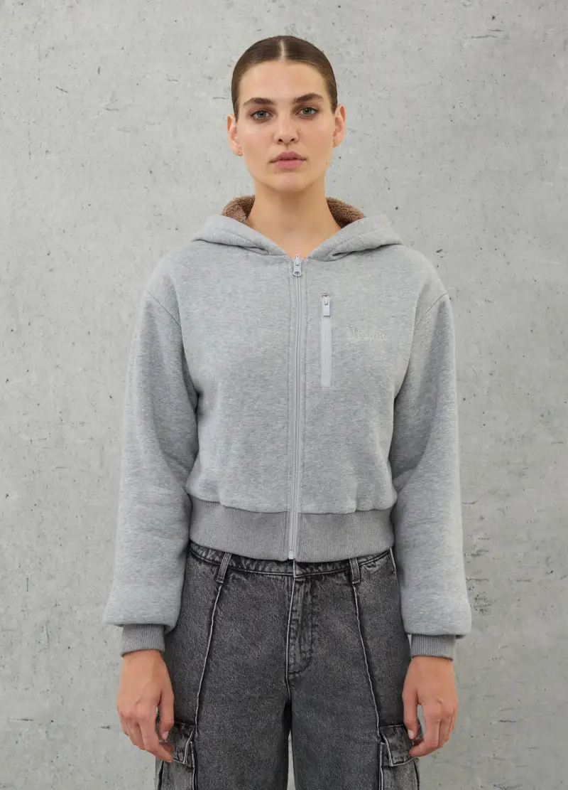 Teddy Zip Hoodie Grey Mélange, Donna, Grigio miniatura 3