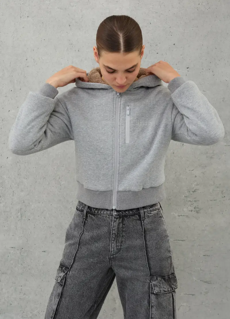 Teddy Zip Hoodie Grey Mélange, Donna, Grigio