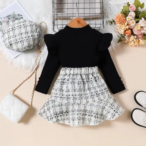 UUAISSO Vestiti per Bambine Maniche Lunghe Top a Coste Motivo Scozzese in Tweed Gonna Basco Bottoni Set Di Abiti Nero 3 miniatura 2