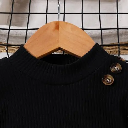 UUAISSO Vestiti per Bambine Maniche Lunghe Top a Coste Motivo Scozzese in Tweed Gonna Basco Bottoni Set Di Abiti Nero 3 miniatura 3