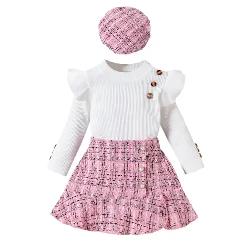 UUAISSO Vestiti per Bambine Maniche Lunghe Top a Coste Motivo Scozzese in Tweed Gonna Basco Bottoni Set Di Abiti Rosa 3