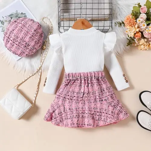 UUAISSO Vestiti per Bambine Maniche Lunghe Top a Coste Motivo Scozzese in Tweed Gonna Basco Bottoni Set Di Abiti Rosa 3 miniatura 2