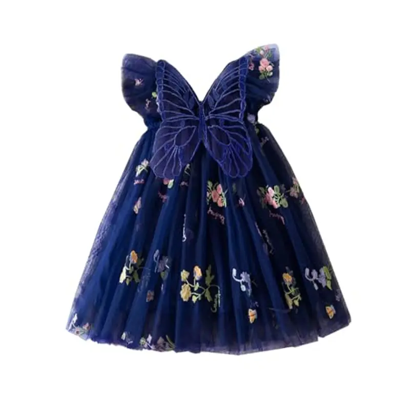 UUAISSO Vestito Tutu Bambina Senza Maniche Vestito Tulle Farfalla Ricamo Festa Compleanno Principessa Vestito Estivo Blu navy 4-5 anni