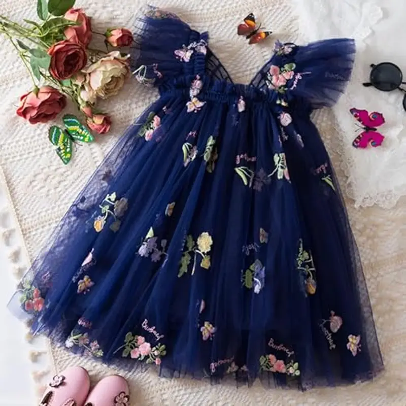 UUAISSO Vestito Tutu Bambina Senza Maniche Vestito Tulle Farfalla Ricamo Festa Compleanno Principessa Vestito Estivo Blu navy 4-5 anni miniatura 2