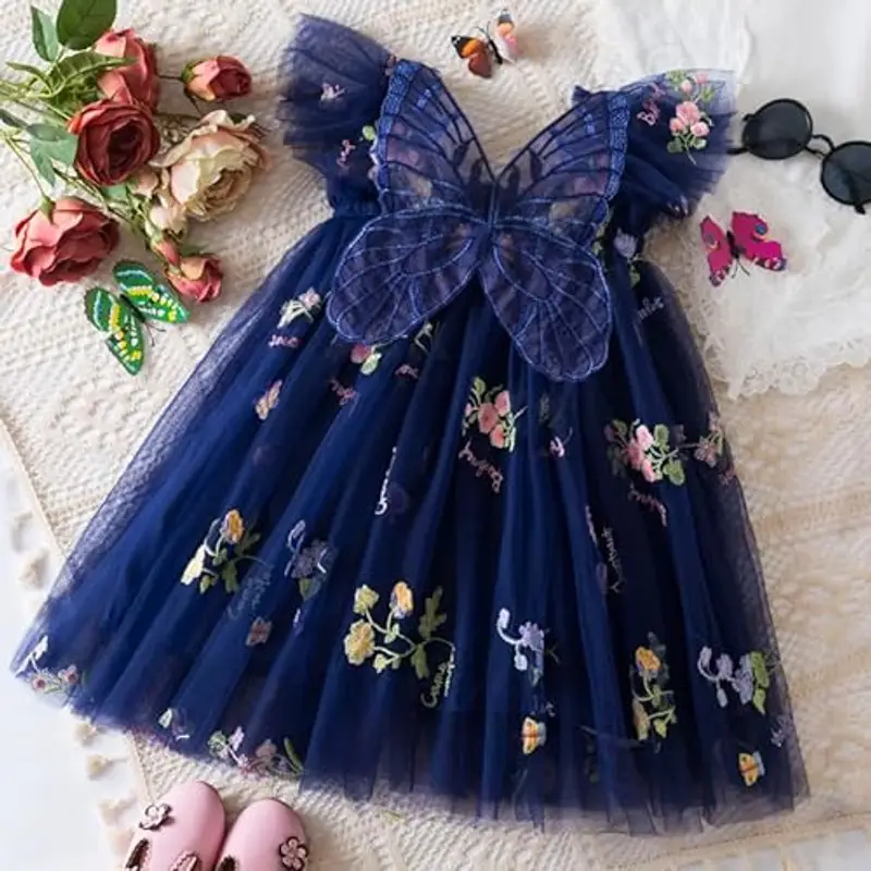 UUAISSO Vestito Tutu Bambina Senza Maniche Vestito Tulle Farfalla Ricamo Festa Compleanno Principessa Vestito Estivo Blu navy 4-5 anni miniatura 3