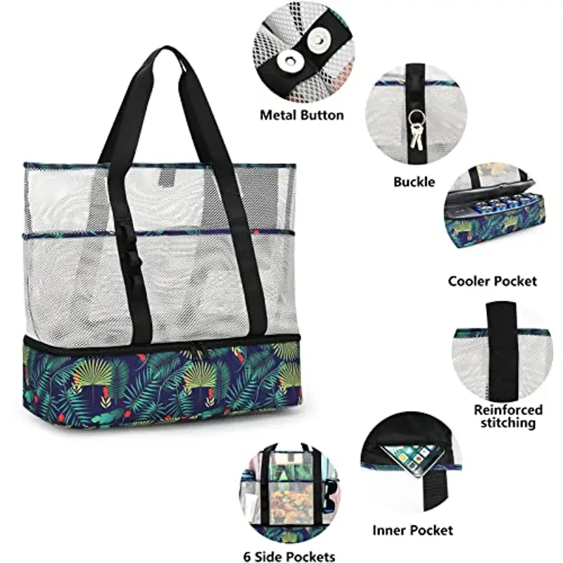 UYLIA Borsa Mare in Rete Donna Grande Famiglia Borsa Frigo Mare Spiaggia Uomo Borsa Elegante e Resistente con Bottone Magnetico per Shopper Giocattoli Spiaggia Viaggio Vacanze (Foglie verdi) miniatura 2