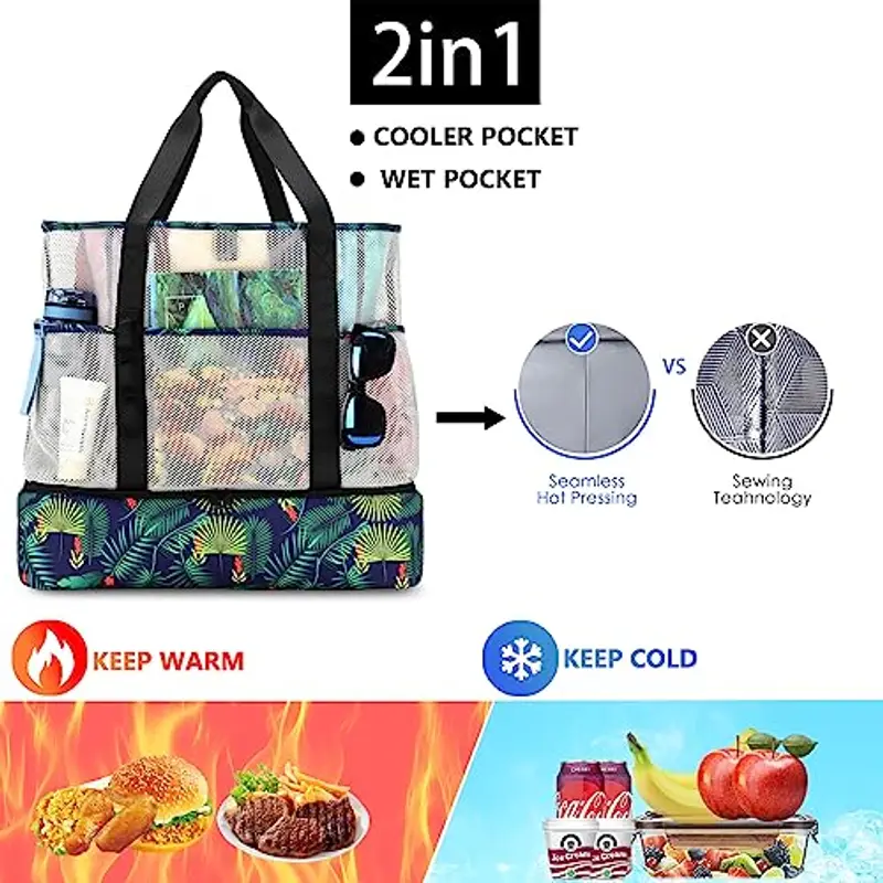 UYLIA Borsa Mare in Rete Donna Grande Famiglia Borsa Frigo Mare Spiaggia Uomo Borsa Elegante e Resistente con Bottone Magnetico per Shopper Giocattoli Spiaggia Viaggio Vacanze (Foglie verdi) miniatura 3