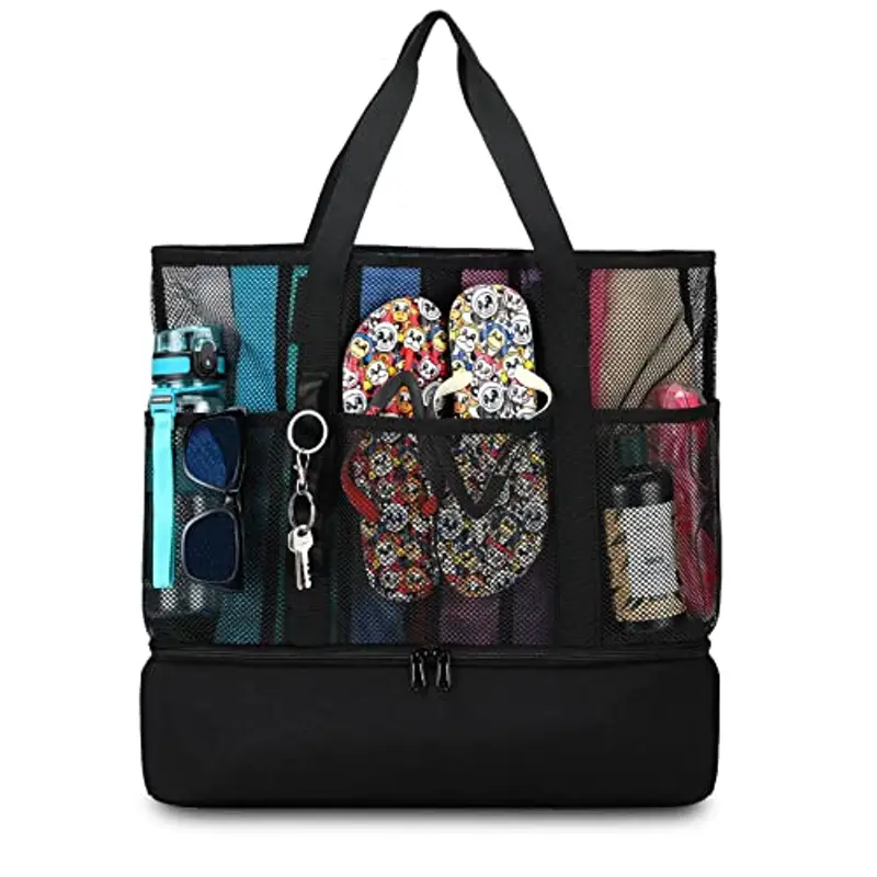 UYLIA Borsa Mare in Rete Donna Grande Famiglia Borsa Frigo Mare Spiaggia Uomo Borsa Elegante e Resistente con Bottone Magnetico per Shopper Giocattoli Spiaggia Viaggio Vacanze (Nero)