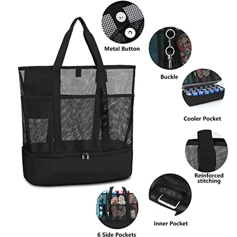 UYLIA Borsa Mare in Rete Donna Grande Famiglia Borsa Frigo Mare Spiaggia Uomo Borsa Elegante e Resistente con Bottone Magnetico per Shopper Giocattoli Spiaggia Viaggio Vacanze (Nero) miniatura 2