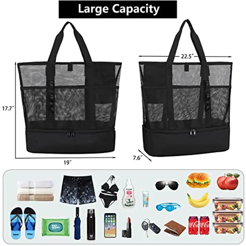 UYLIA Borsa Mare in Rete Donna Grande Famiglia Borsa Frigo Mare Spiaggia Uomo Borsa Elegante e Resistente con Bottone Magnetico per Shopper Giocattoli Spiaggia Viaggio Vacanze (Nero) miniatura 5