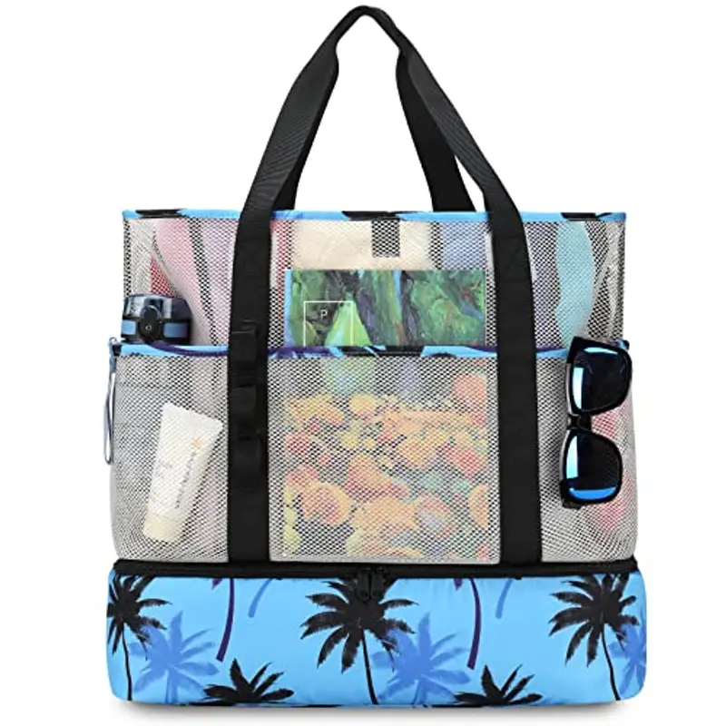 UYLIA Grande borsa da spiaggia in rete con refrigeratore, per donne e uomini, resistente, 8 tasche, impermeabile, pieghevole, per piscina, nuoto e viaggi, uso quotidiano, Albero di cocco, Large