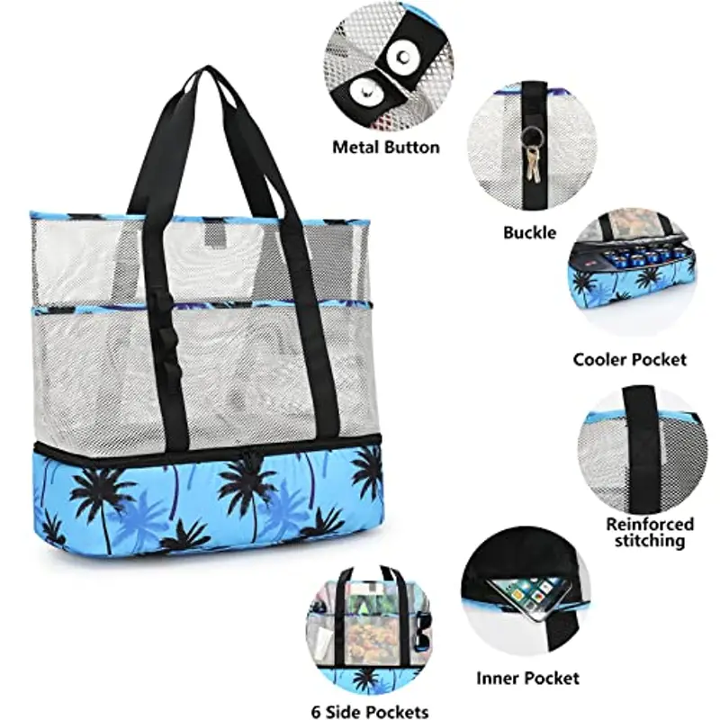 UYLIA Grande borsa da spiaggia in rete con refrigeratore, per donne e uomini, resistente, 8 tasche, impermeabile, pieghevole, per piscina, nuoto e viaggi, uso quotidiano, Albero di cocco, Large miniatura 2