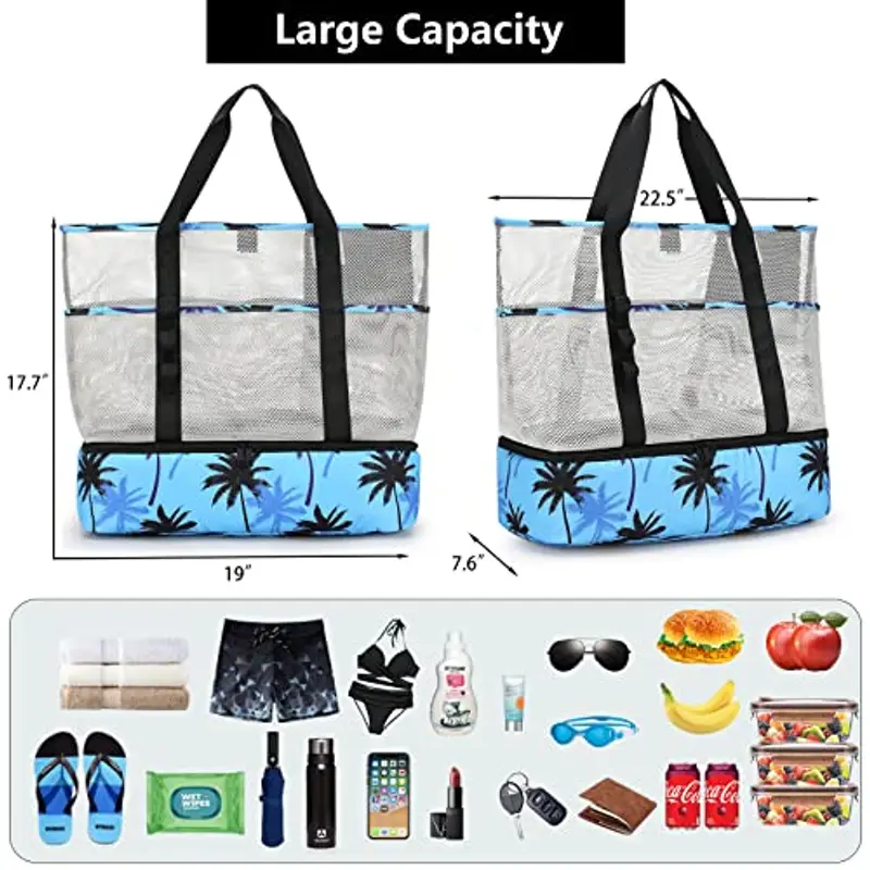 UYLIA Grande borsa da spiaggia in rete con refrigeratore, per donne e uomini, resistente, 8 tasche, impermeabile, pieghevole, per piscina, nuoto e viaggi, uso quotidiano, Albero di cocco, Large miniatura 3