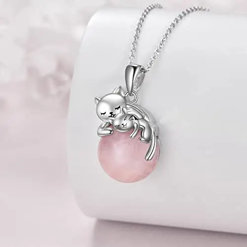 Vadmans Collana di Gatti in Argento Sterling Con Due Ciondoli A Forma di Gatto in Quarzo Rosa Gioielli per Amanti Dei miniatura 2