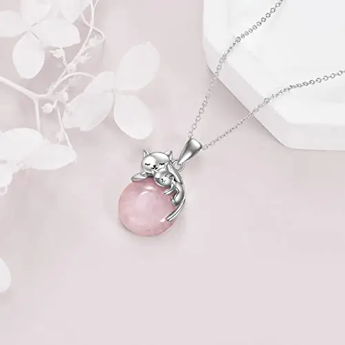 Vadmans Collana di Gatti in Argento Sterling Con Due Ciondoli A Forma di Gatto in Quarzo Rosa Gioielli per Amanti Dei miniatura 3