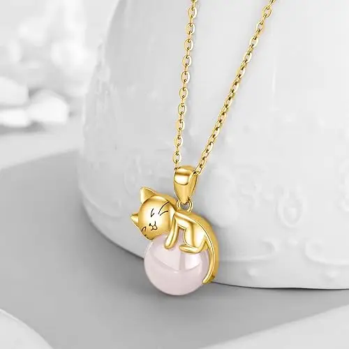 Vadmans Gatto Collana Argento Sterling Quarzo Rosa Ciondolo Gioielli Regali per Donne Ragazze Oro miniatura 3