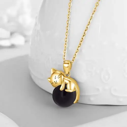 Vadmans Gold Cat Necklace Collana In Argento Sterling Con Ciondolo In Onice Nera Gioielli per Donne miniatura 3