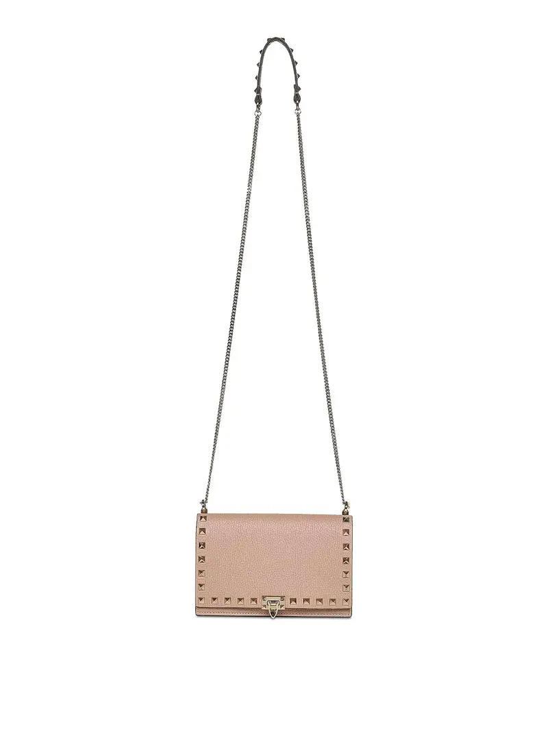 Borsa Mini Rockstud In Pelle Con Catena Color Carne E Neutri