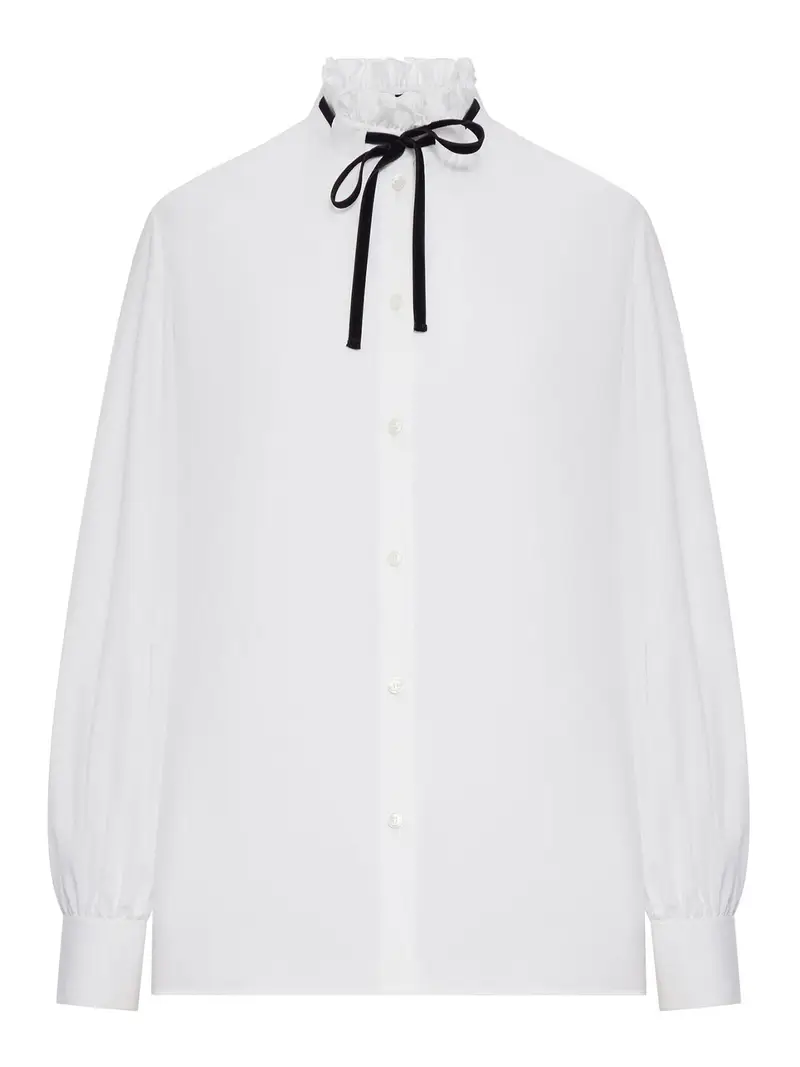 Camicia In Popeline Con Colletto Volant Bianco