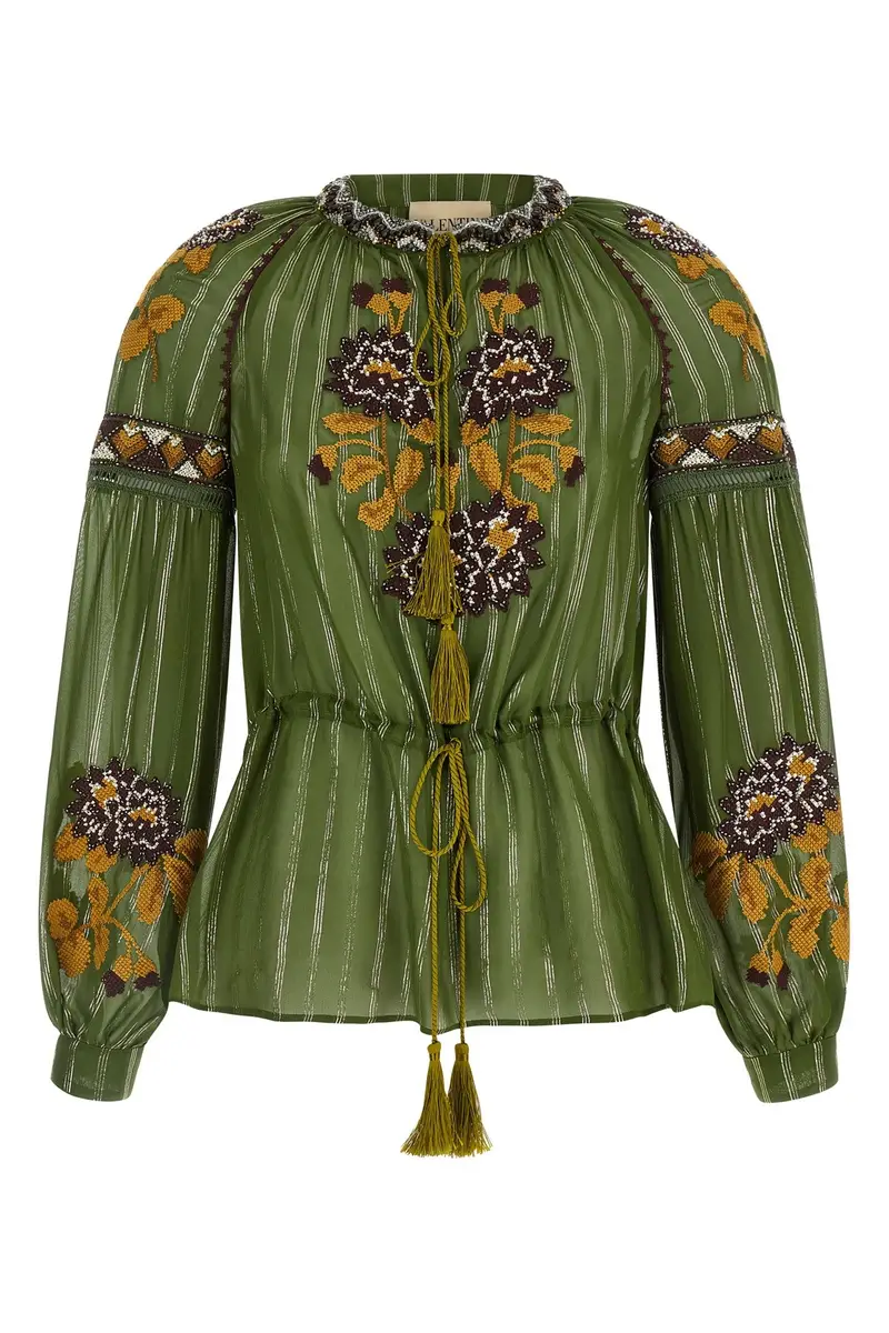 Camicia Valentino Garavani In Seta Lurex Ricamata Verde