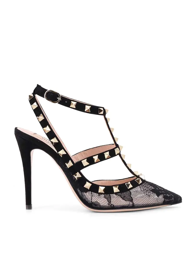 Decollet Rockstud In Suede E Pizzo Nero