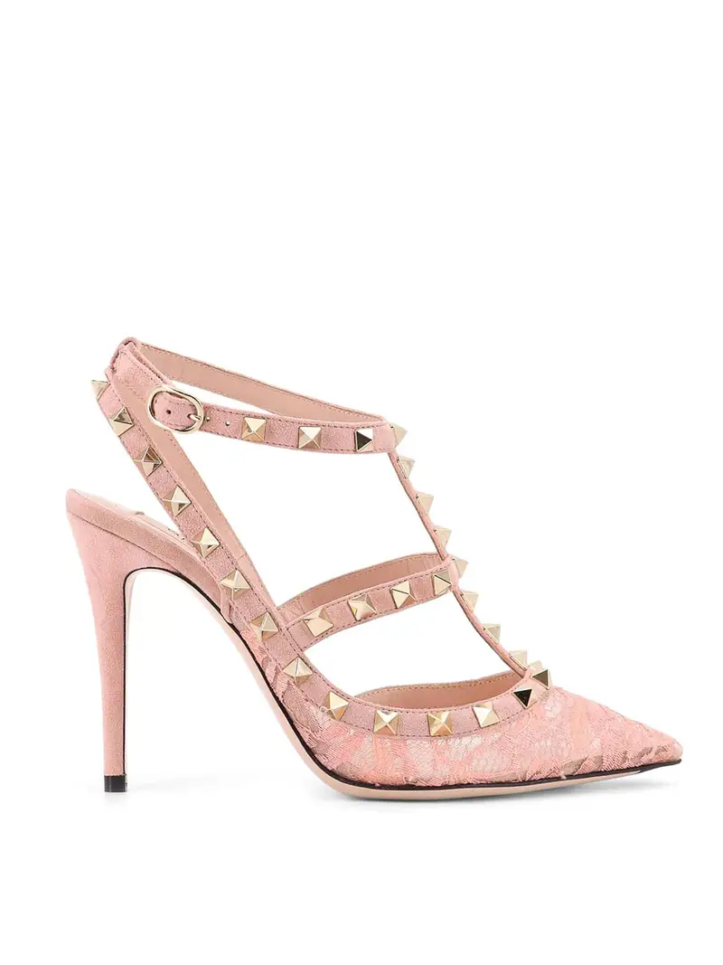 Decollet Rockstud In Suede E Pizzo Rosa