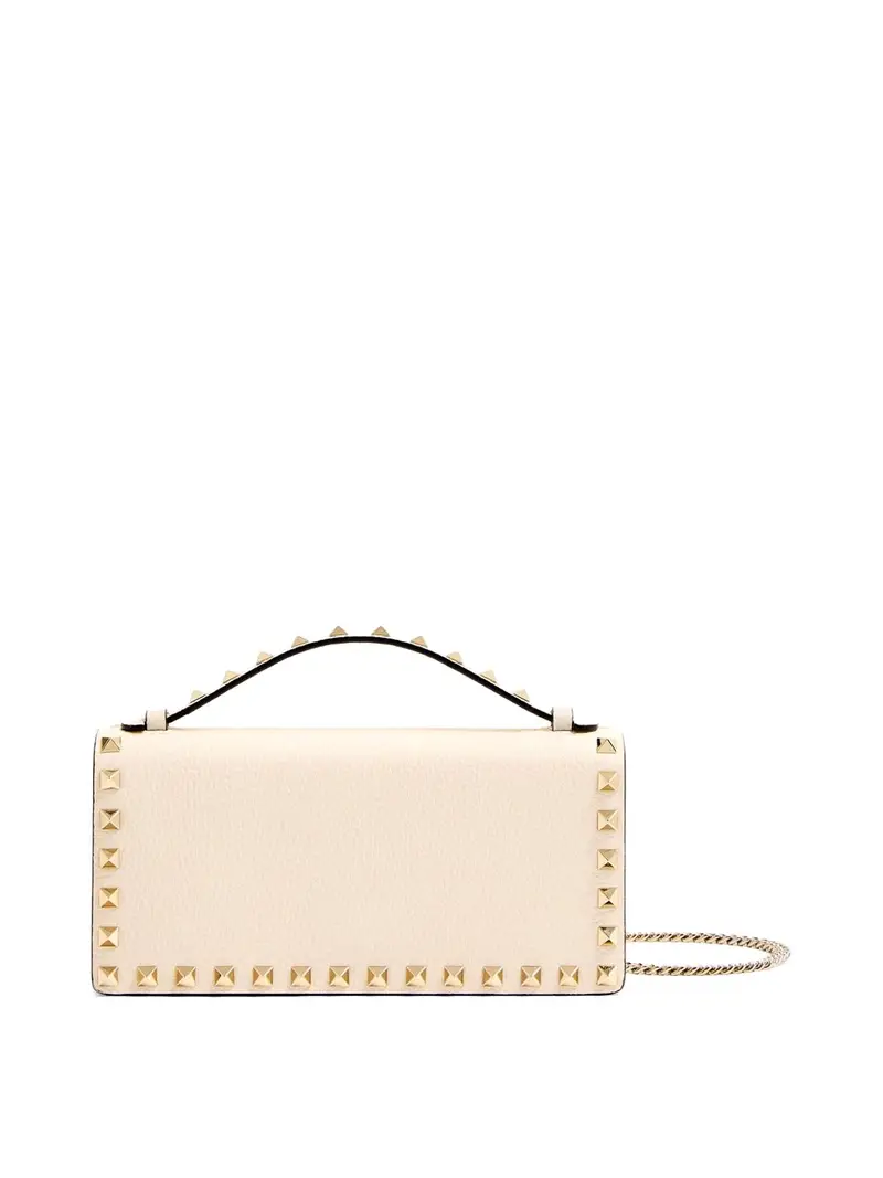 Portafoglio in pelle Rockstud con catena Bianco