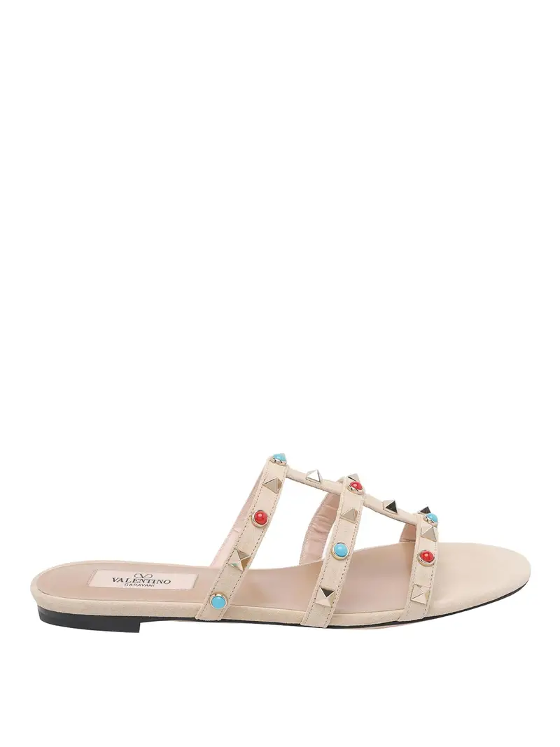 Sandali slide Rockstud in pelle Beige