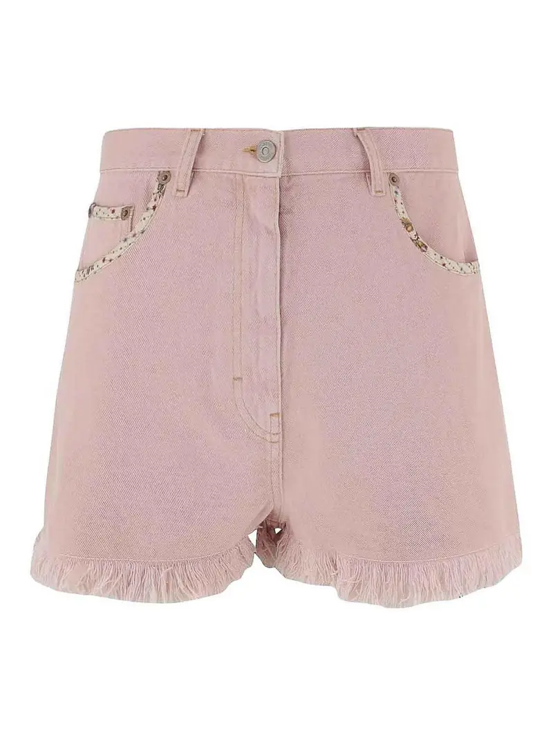 Shorts In Denim Con Profili Sfrangiati Rosa
