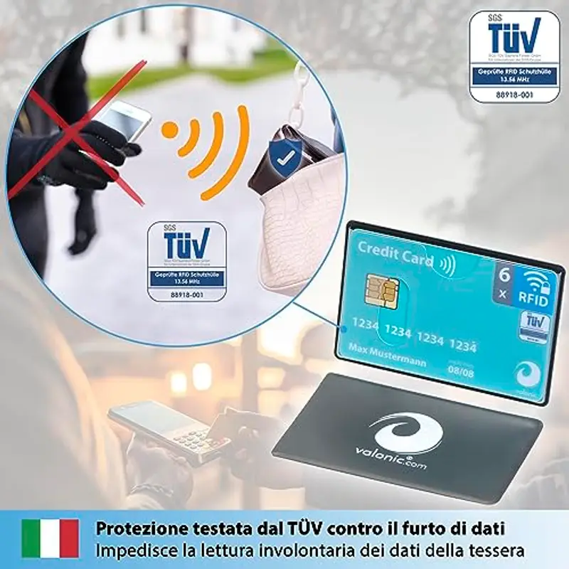 valonic custodia carta di credito contactless - 6x nfc protezione RFID - certificato - inserimento orizzontale - trasparente - custodia bancomat schermato miniatura 2