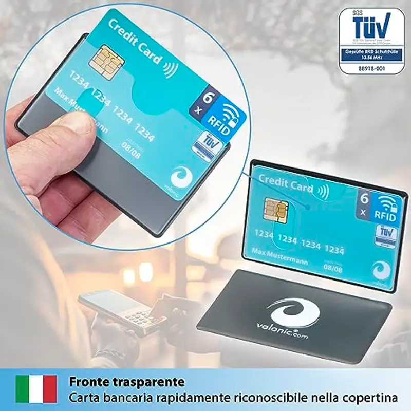 valonic custodia carta di credito contactless - 6x nfc protezione RFID - certificato - inserimento orizzontale - trasparente - custodia bancomat schermato miniatura 3