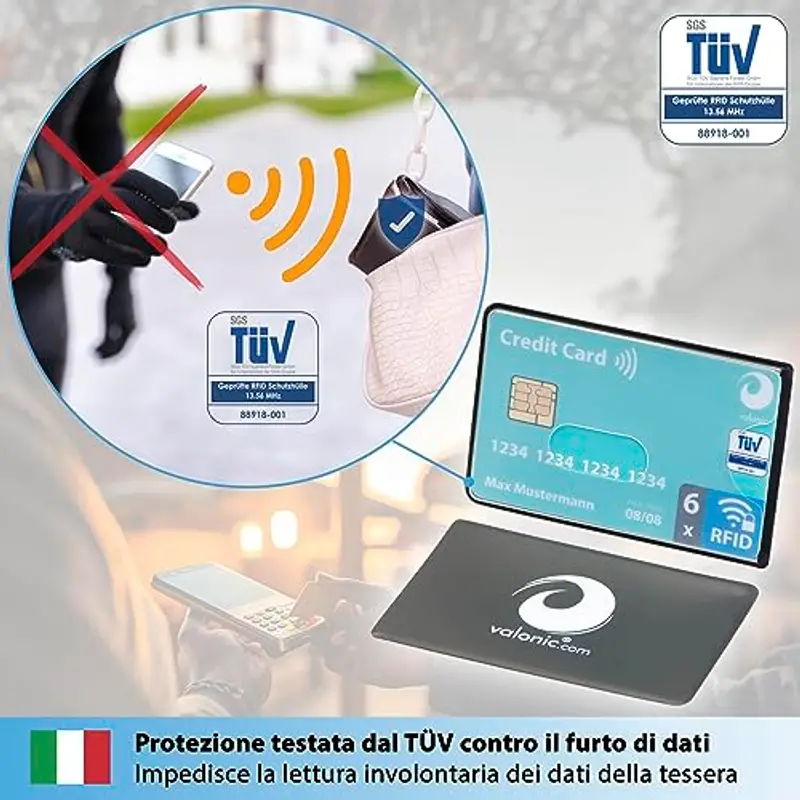 valonic Custodia RFID Blocker – 6 pezzi – Certificazione TÜV – Plastica – Trasparente – Custodia NFC – Custodia per carte di credito e carte di credito, trasparente, 6x Seiteneinschub, Porta carte di miniatura 2