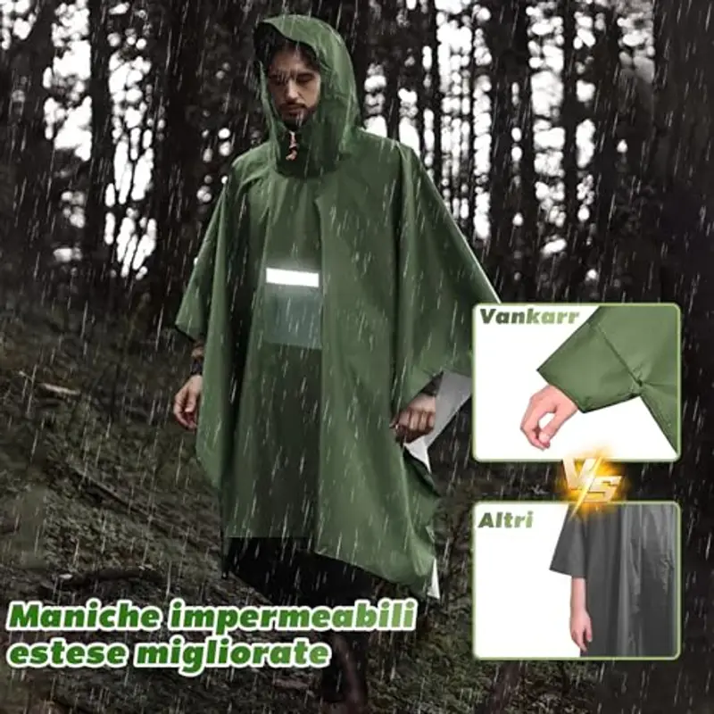 Vankarr Poncho Antipioggia Impermeabile con Maniche Tasca e Riflettore Mantella Antipioggia per Adulti Unisex Portatile Poncho Pioggia per Uomo Donna Trekking Campeggio (Verde) miniatura 2